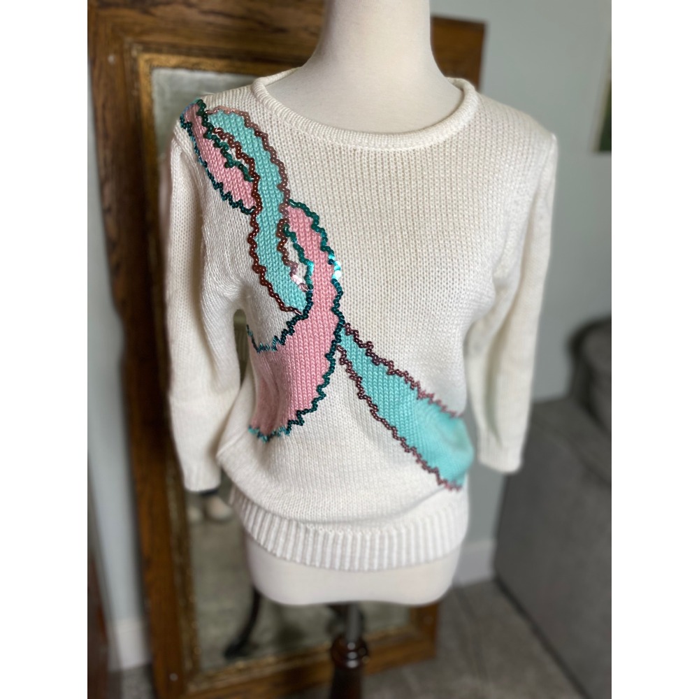 Vintage 70s Andene Sequin Abstract Knit Sweater Womens Cottagecore Retro Small